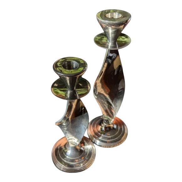 Silver Plated Twisted Brass Metal Candlestick Holders Ribbon Shape Set Of 2 Vtg - Picture 3 of 11